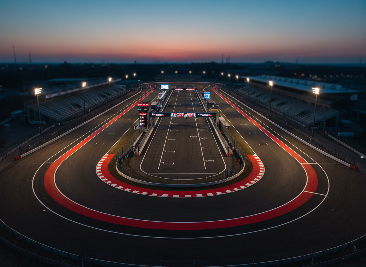 A dramatic overhead view of a modern racing circuit at dusk, the tarmac a deep charcoal gray with crisp white and red curbs forming sweeping esses and tight hairpins. Bright LED timing towers and digital scoreboards glow along pit straight, while rows of empty grandstands recede into soft-focus in the background. Cool blue twilight wraps the scene, contrasted by warm sodium-vapor track lights casting long, precise shadows across the asphalt. Captured in high-resolution photographic realism with a wide-angle lens, the composition emphasizes the flowing geometry of the track layout and starting grid boxes. The mood is anticipatory and professional, suggesting a global motorsports hub ready for any series, from F1 to endurance racing, with a clean, data-driven aesthetic.