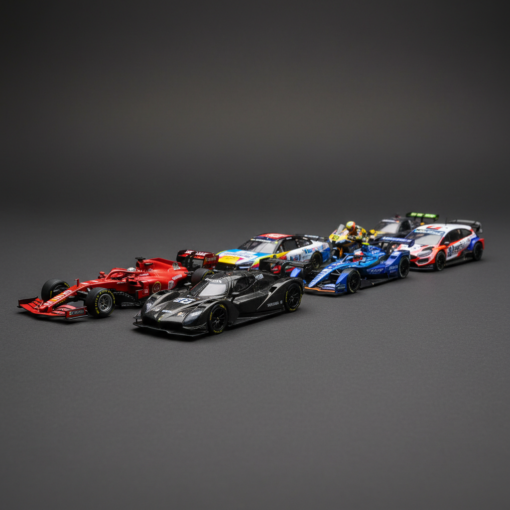 A close, side-on photographic view of a detailed grid of miniature race car models arranged on a matte dark surface, each representing a different series: a red Formula 1 car with intricate aero, a brightly liveried NASCAR stock car, a low-slung IMSA prototype, a lithe MotoGP bike on a tiny paddock stand, a compact Formula E car, and a rugged WRC hatchback with gravel tires. Soft, diffused studio lighting from above reveals subtle reflections on glossy liveries and satin metallic wheels, while casting gentle shadows that emphasize their shapes. The background fades to deep charcoal, creating a clean, professional look. Captured with moderate depth of field, the front row is crisply sharp while rear models softly blur, conveying the breadth of global motorsport in a cohesive, curated collection.