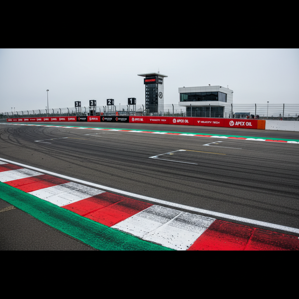 An ultra-wide, trackside photographic shot of a chicane bordered by vibrant red-and-white curbing, with heavily rubbered-in racing lines and subtle skid marks telling the story of countless battles. To one side, a line of branded safety barriers and digital brake-marker boards stand in front of a distant timing tower and minimalist race-control building. Overhead, a moody but bright overcast sky provides soft, even lighting that eliminates harsh shadows and highlights every texture in the asphalt, curbs, and painted grid markings. The camera sits low near the apex curb, using a wide lens to create dynamic leading lines that pull the eye through the corner. The atmosphere is intense yet orderly, evoking professional championships from F1 to touring cars without showing any competitors.