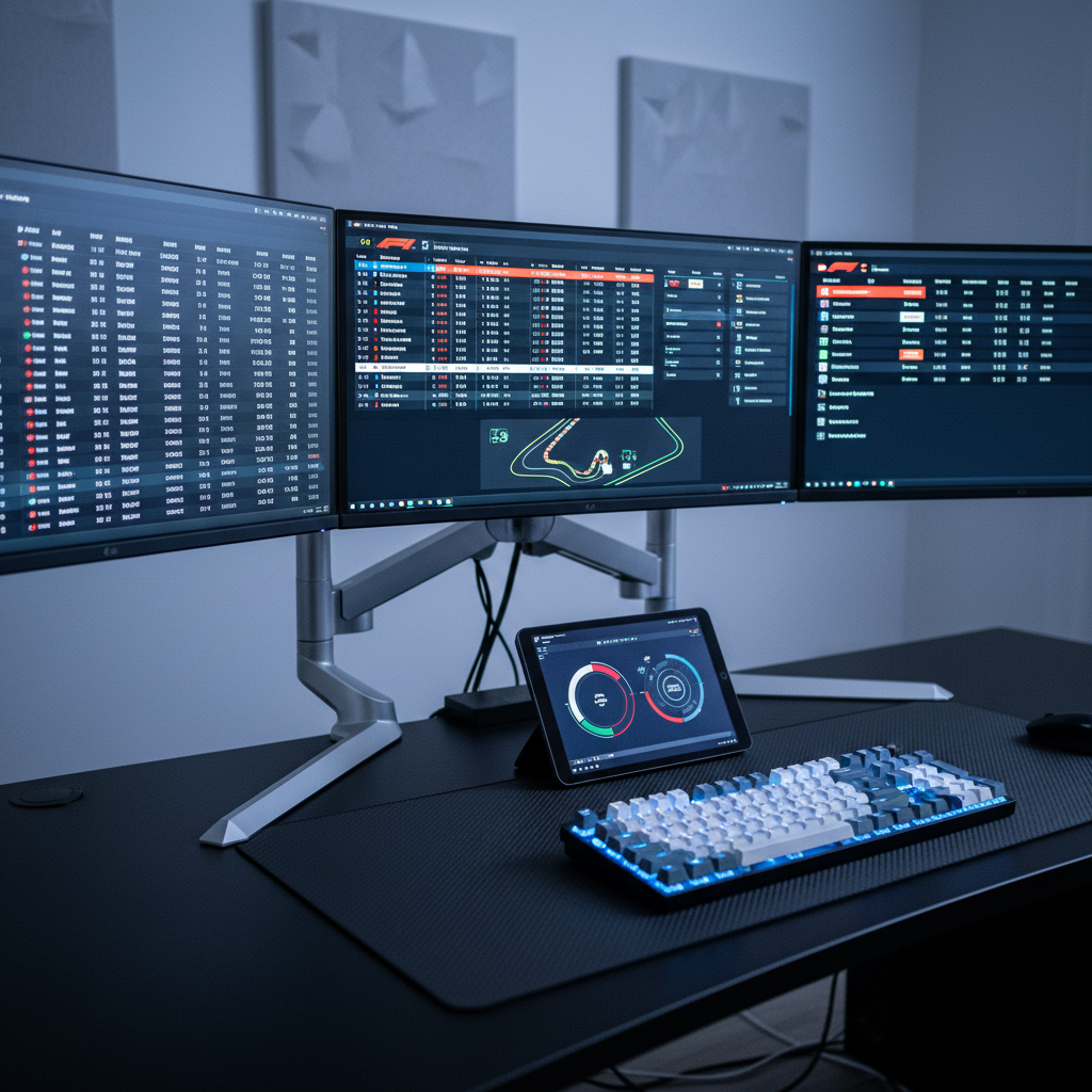 A meticulously organized digital motorsports command center, featuring a wide, matte-black desk with three ultra-wide curved monitors displaying live timing screens, race results tables, and multi-series standings for F1, NASCAR, IMSA, MotoGP, and more. A slim, backlit mechanical keyboard rests beside a wireless telemetry tablet showing sector times and tire compound icons. The room is dim, illuminated mainly by the cool, crisp glow of the screens, casting subtle reflections on brushed aluminum monitor arms and a carbon-fiber-textured desk mat. Shot at eye level in photographic realism, with sharp focus and a slightly off-center composition, the scene feels analytical and professional, evoking a data-driven newsroom atmosphere where every lap and championship point is tracked in real time.